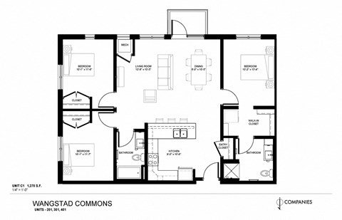 Floor plan for 3 beds, 2 baths, 1270 sqft